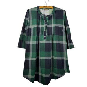 Reborn Green Plaid Tunic Top 3/4 Sleeve Button Front Size M
